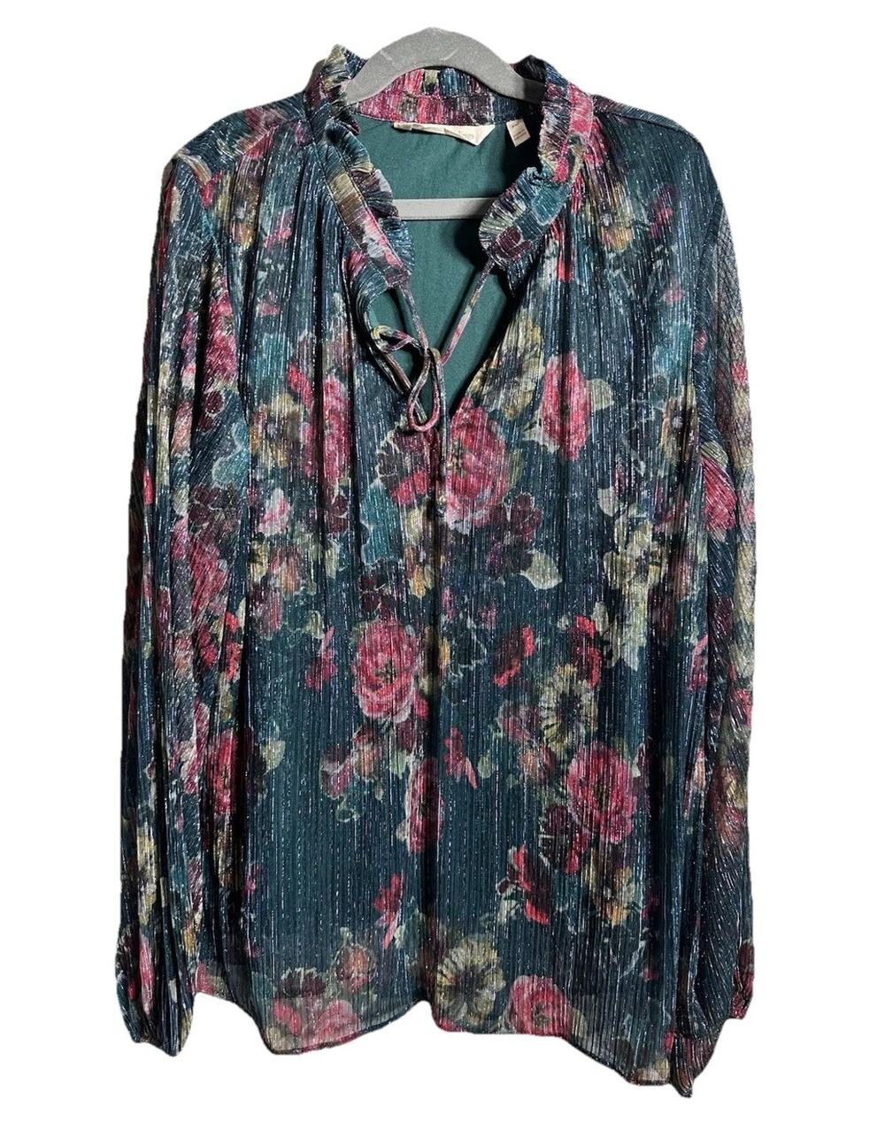 Whimsigoth Dark‎ Green Metallic Floral Pleated Blouse | Boho Fairycore size PS